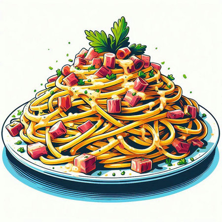 Spaghetti with tomato sauce and parsley on a plate, vector illustrationのイラスト素材