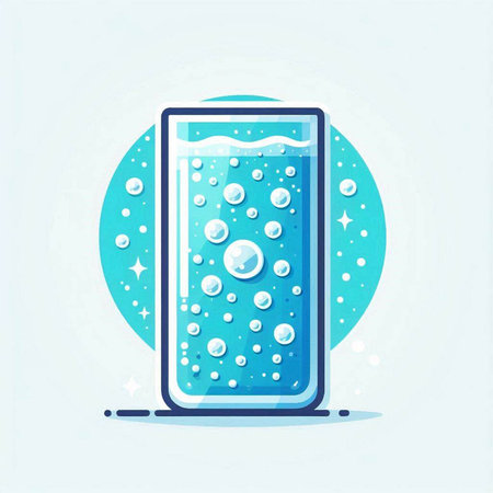 Glass of water with bubbles on a blue background. Vector illustration.のイラスト素材