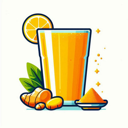 Vector illustration of a glass of orange juice with ginger, turmeric and lemon.のイラスト素材