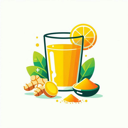 Glass of fresh turmeric juice with lemon and ginger, vector illustrationのイラスト素材