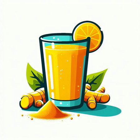 Fresh turmeric juice with lemon and green leaves. Vector illustration.のイラスト素材