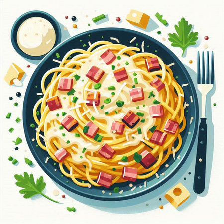 Spaghetti pasta with ham, cheese and parsley. Vector illustration.のイラスト素材