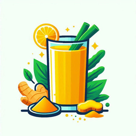 Vector illustration of a glass of fresh turmeric smoothie with ginger, lemon and turmeric.のイラスト素材