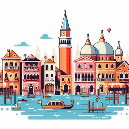 Venice Italy cityscape with gondolas on canal, vector illustrationのイラスト素材