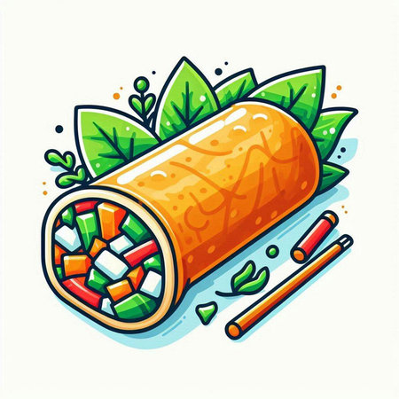 Sushi roll with chopsticks and green leaves. Vector illustration.のイラスト素材