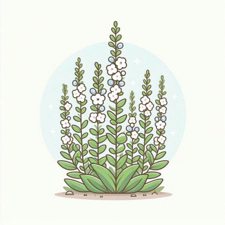 Illustration of a green plant with blue and white flowers on a white backgroundのイラスト素材