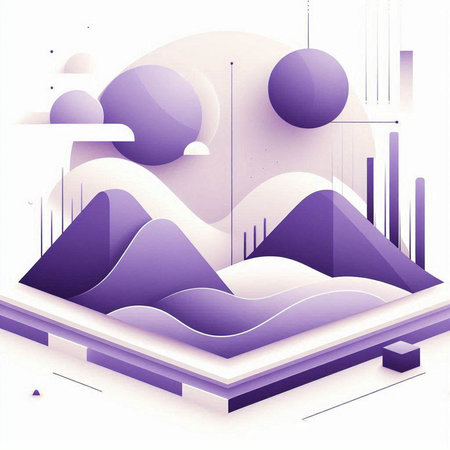 Abstract background with mountains, clouds and geometric shapes. Vector illustration.のイラスト素材