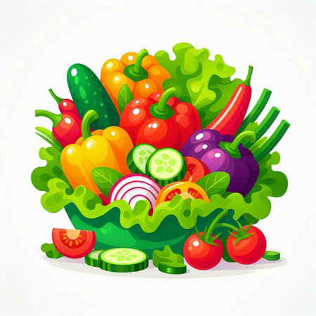 Vegetables vector illustration. Fresh organic vegetables in a bowl.のイラスト素材