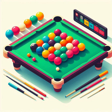 Billiard table with balls and cue. Vector illustration in retro style.のイラスト素材