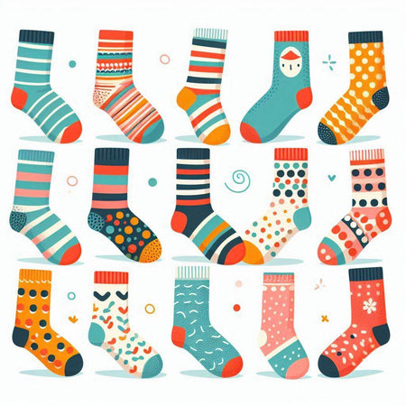 Set of colorful socks with different patterns. Vector illustration in flat style.のイラスト素材