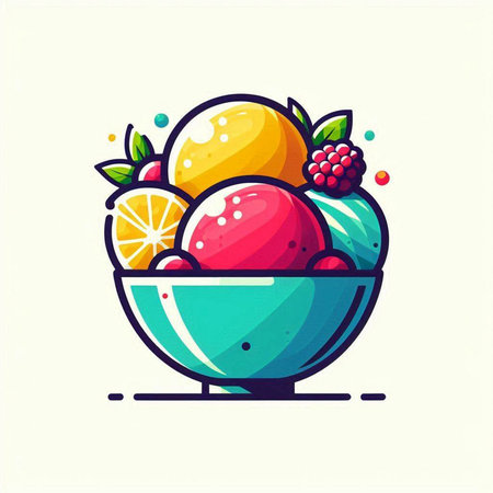 Vector illustration of ice cream in a bowl with fruits and berries.のイラスト素材