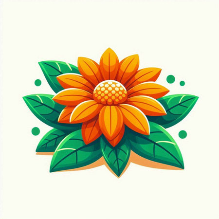 Orange flower with green leaves isolated on white background. Vector illustration.のイラスト素材