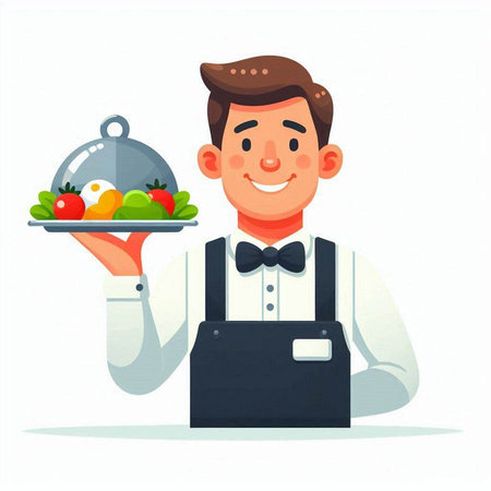Waiter holding a tray of food. Vector illustration in cartoon styleのイラスト素材