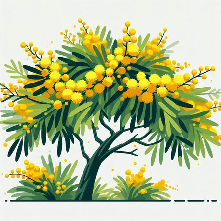 Mimosa tree with yellow flowers on white background. Vector illustration.のイラスト素材