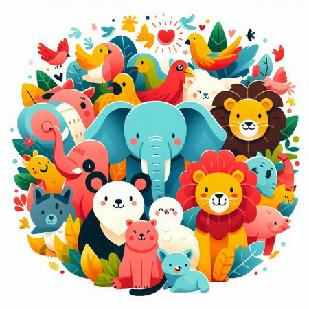 Cute cartoon animals. Vector illustration of a group of animals.のイラスト素材