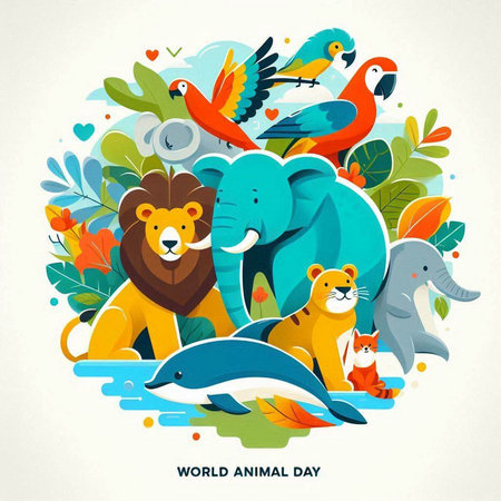World Wildlife Day greeting card with cute cartoon animals. Vector illustration.のイラスト素材