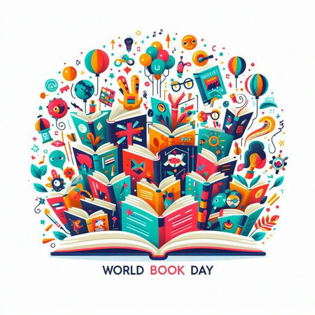 World book day. Vector illustration of opened book with many colorful books.のイラスト素材