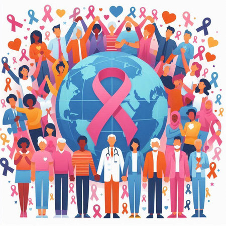 Breast Cancer Awareness Month Concept. Group of People with Red Ribbon around Earth Globe. Vector Illustrationのイラスト素材