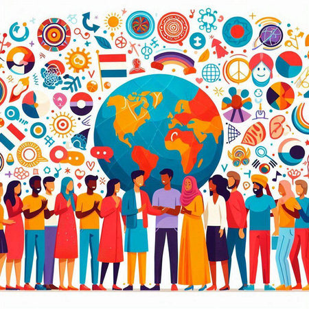 Multicultural group of people standing in line around the globe. Teamwork concept. Vector illustrationのイラスト素材