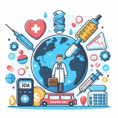 Vector illustration of doctor with medical equipment around planet Earth. Health care concept.のイラスト素材