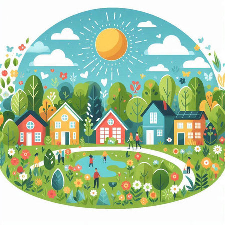 Vector illustration of a rural landscape with houses, trees and flowers.のイラスト素材