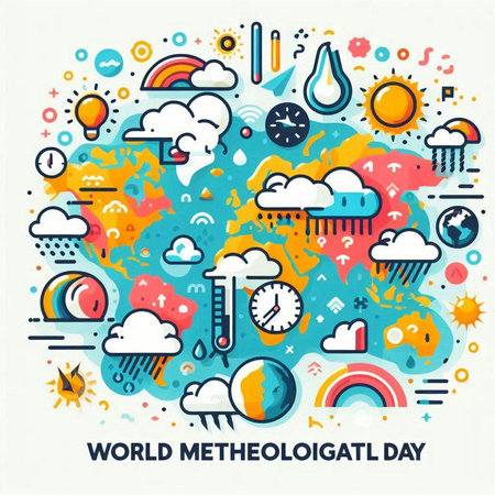 World Meteorology Day banner with flat line icons set. Vector illustrationのイラスト素材