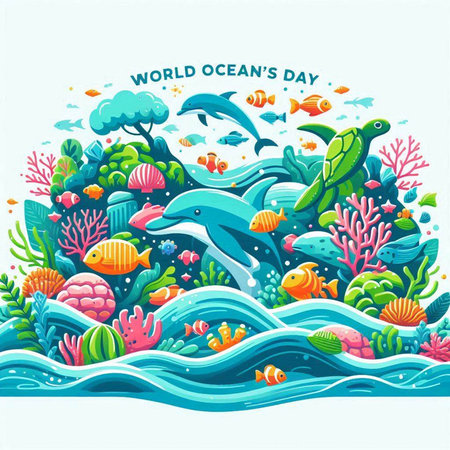 World Ocean Day. Cute cartoon underwater world. Vector illustration.のイラスト素材