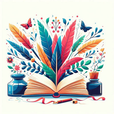 Vector illustration of open book with feather pen, inkwell and flowersのイラスト素材
