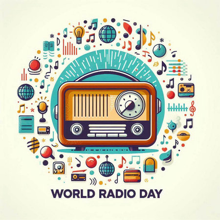World Radio Day poster with colorful icons. Vector illustration in flat styleのイラスト素材