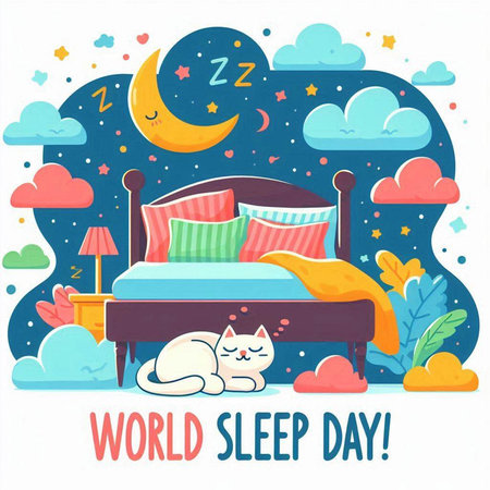 World Sleep Day greeting card with cute cartoon bed and cat. Vector illustration.のイラスト素材