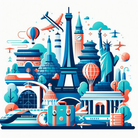 Travel and tourism concept with famous landmarks of the world. Vector illustrationのイラスト素材