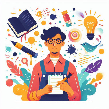 Flat design vector illustration concept of education, learning, back to school, knowledge day. Young man in glasses holds notepad with pencils.のイラスト素材