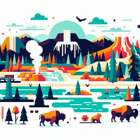 Vector illustration of a natural landscape with forest, mountains, river and bison.のイラスト素材