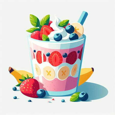 Fruit smoothie in a glass with strawberries, blueberries and bananas. Vector illustration.のイラスト素材