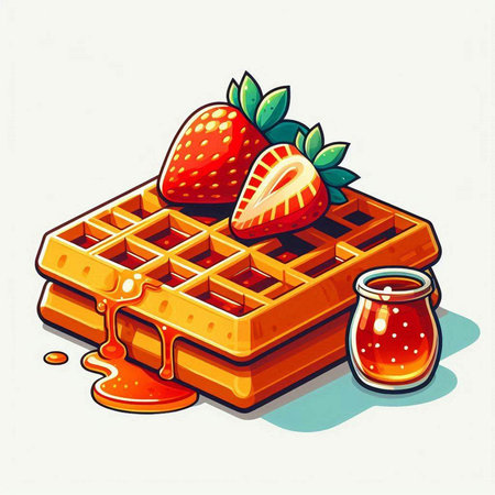 Vector illustration of a waffle with strawberries and syrup on a white backgroundのイラスト素材