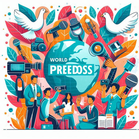 Journalism and press conference concept in flat style. Vector illustration.のイラスト素材