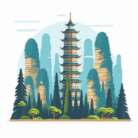 Pagoda in the forest. Landscape with pagodas. Vector illustration.のイラスト素材