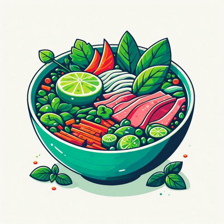 Illustration of bowl of spicy soup with beef, vegetables and herbs