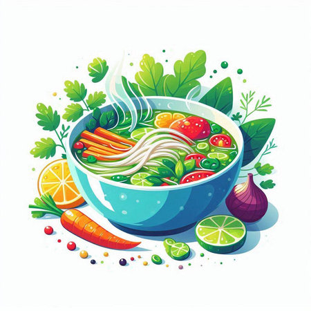 Vegetable soup in a bowl with vegetables and herbs. Vector illustration.