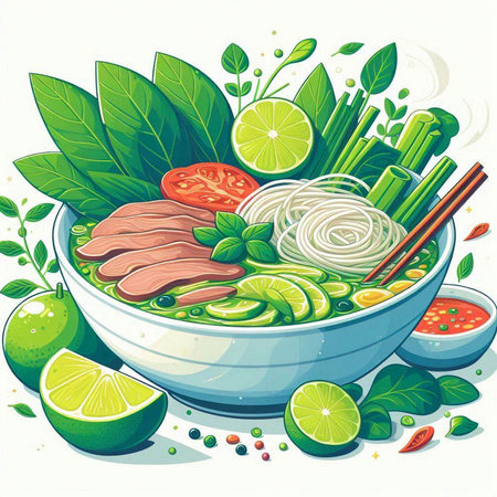 Vietnamese soup with pork and vegetables in bowl. Vector illustration.