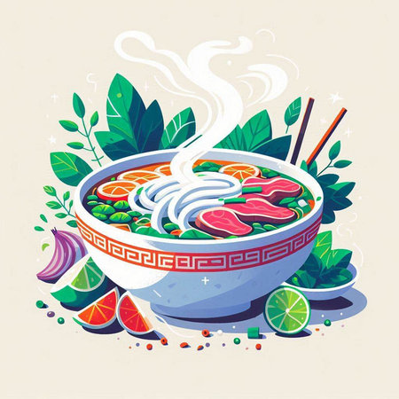 Vector illustration of Asian noodle soup in bowl with chopsticks.