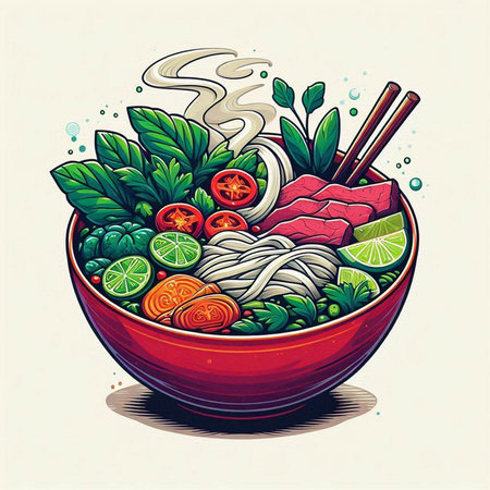 Illustration of japanese noodle bowl with chopsticks and vegetables