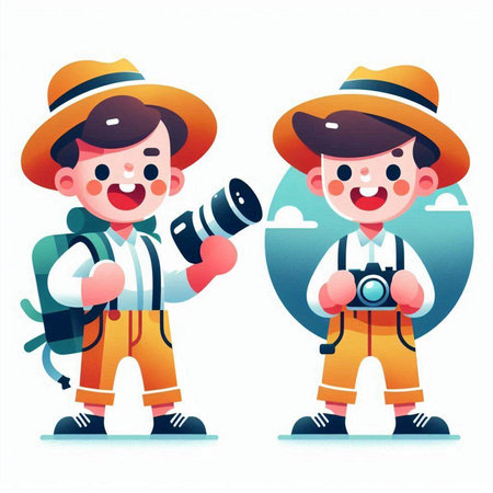 Vector illustration of a boy and a girl in a hat with a camera