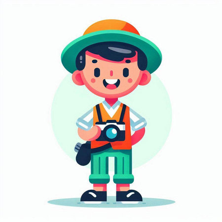 Cute little boy with camera. Vector illustration in cartoon style.