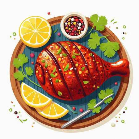 Chicken drumstick on wooden board with lemon and spices. Vector illustration.