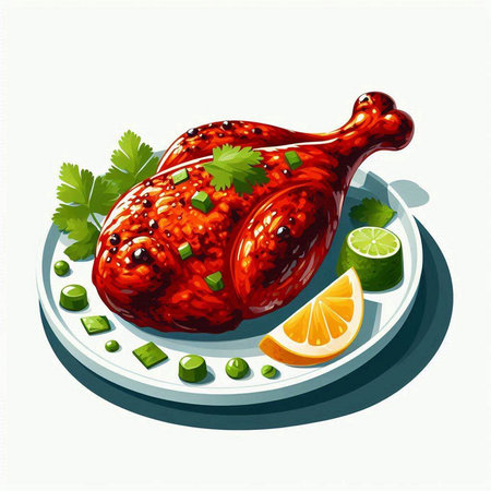 Illustration of a grilled chicken with lime and parsley on a plate
