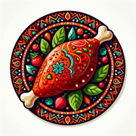 Illustration of a chicken leg on a plate decorated with a pattern