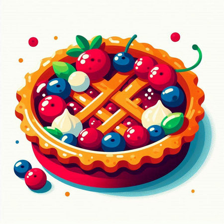 Sweet pie with berries and whipped cream. Vector illustration in cartoon style.