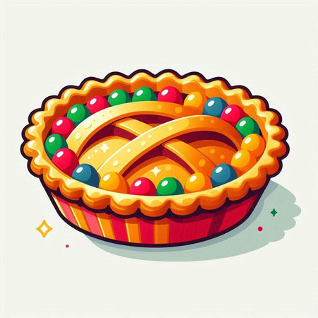 Illustration of a pie with candies on a white background.