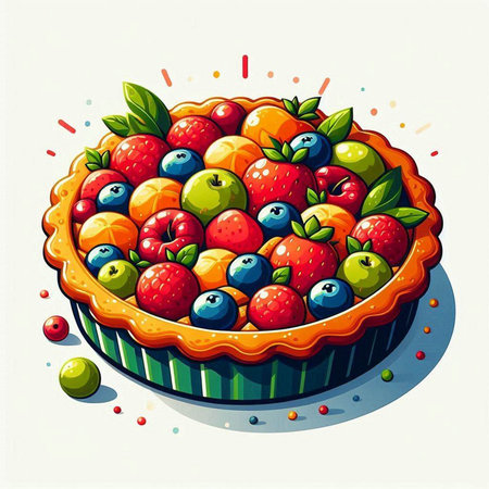 Illustration of a pie with berries and fruits on a white background